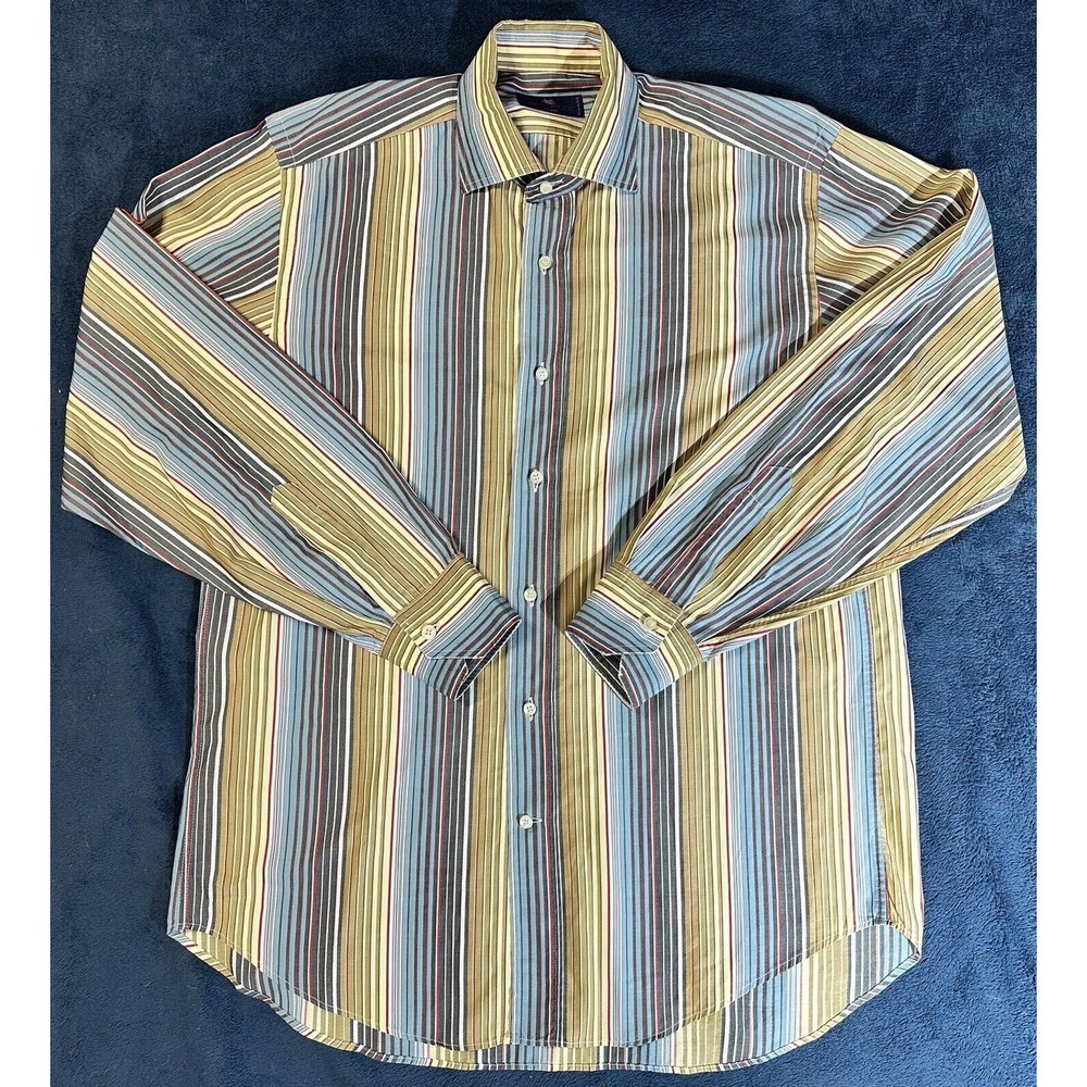 Etro Milano Casual Button Up Shirt Mens Size 40 Striped Blue Brown Green Italy
